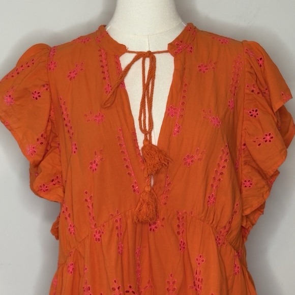 Dixie Italy Orange Eyelet Embroidered Dress Ruffle Sleeve Womens Size Medium - Picture 3 of 9